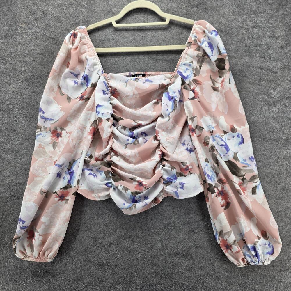 Express Blouse Womens Medium Pink Cropped Square Neck Puff Sleeve Ruffle Floral